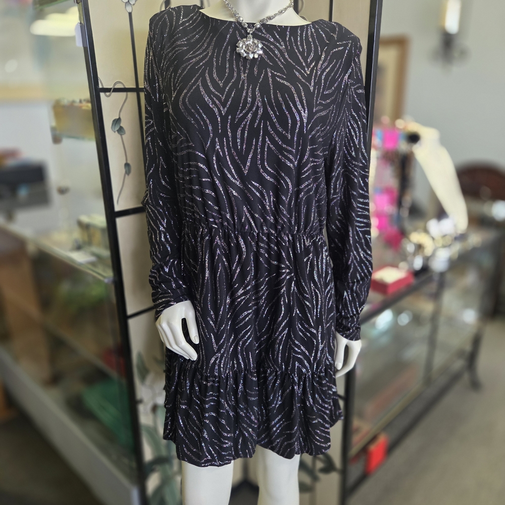 MSK Black Long-Sleeve Zebra-Stripe Sparkle Tiered Dress